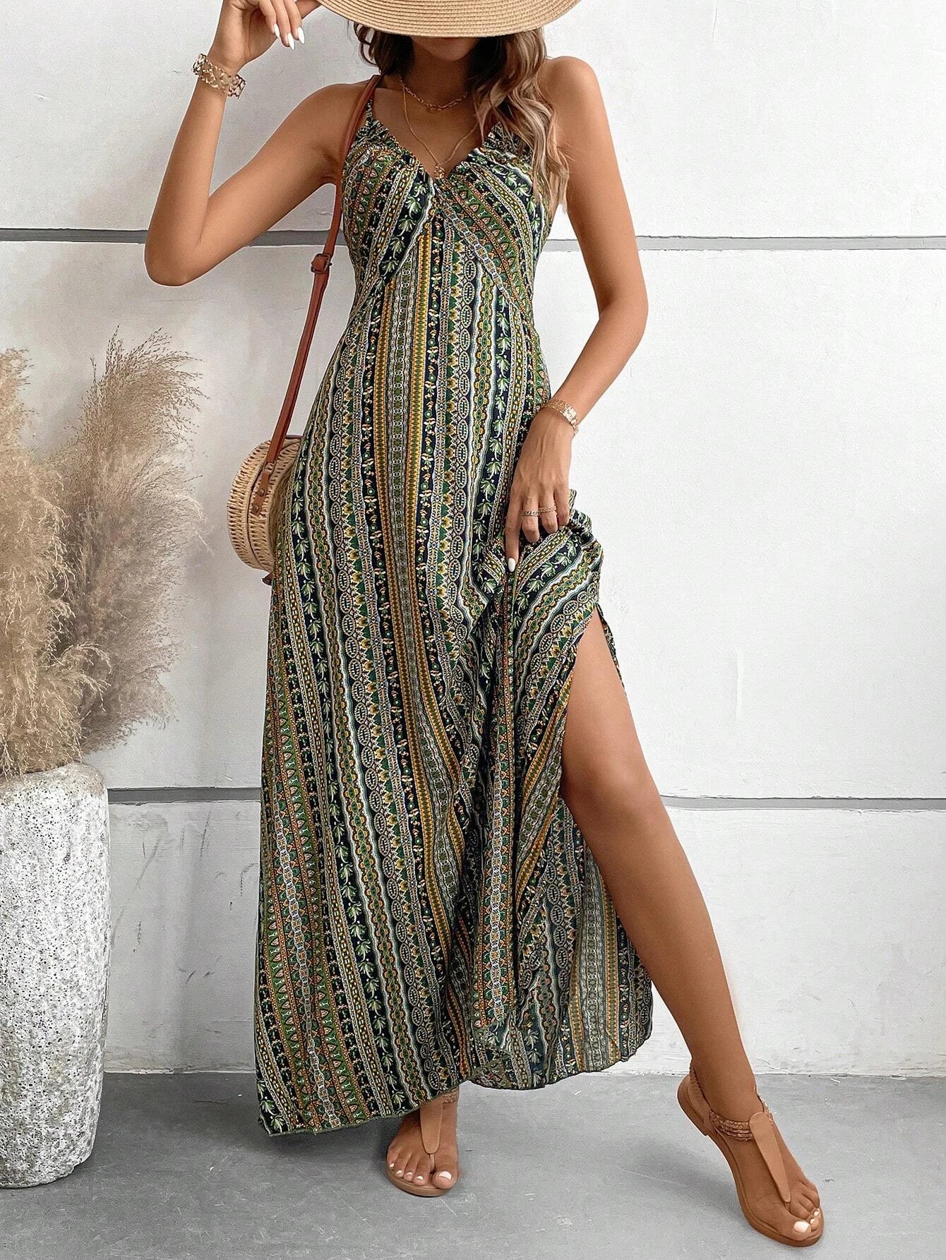 Boho Chic – Vestido Longo Feminino Estampado com Alças Finas e Estilo Étnico