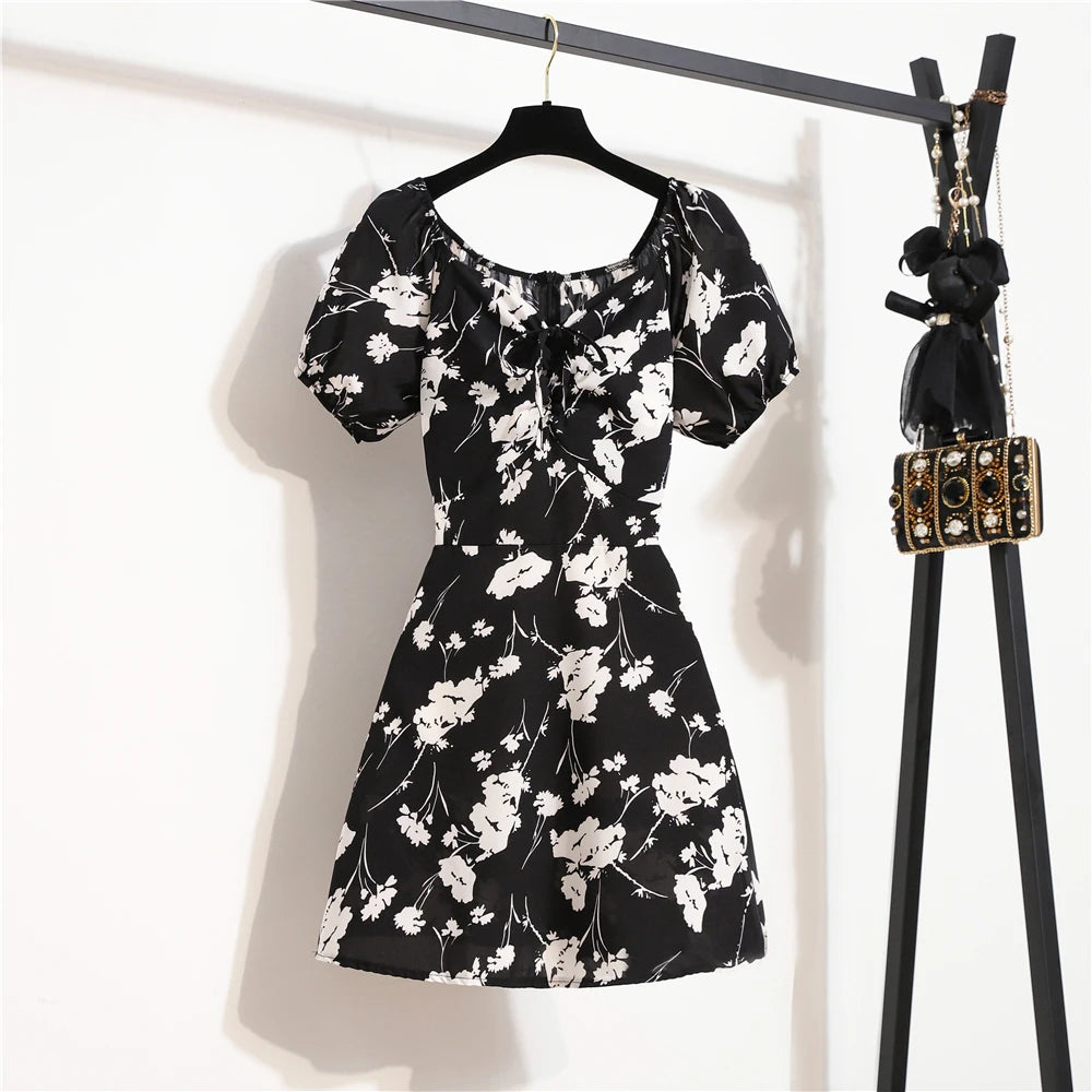 Flora Charm – Vestido Curto Feminino com Manga Bufante e Estampa Floral Romântica