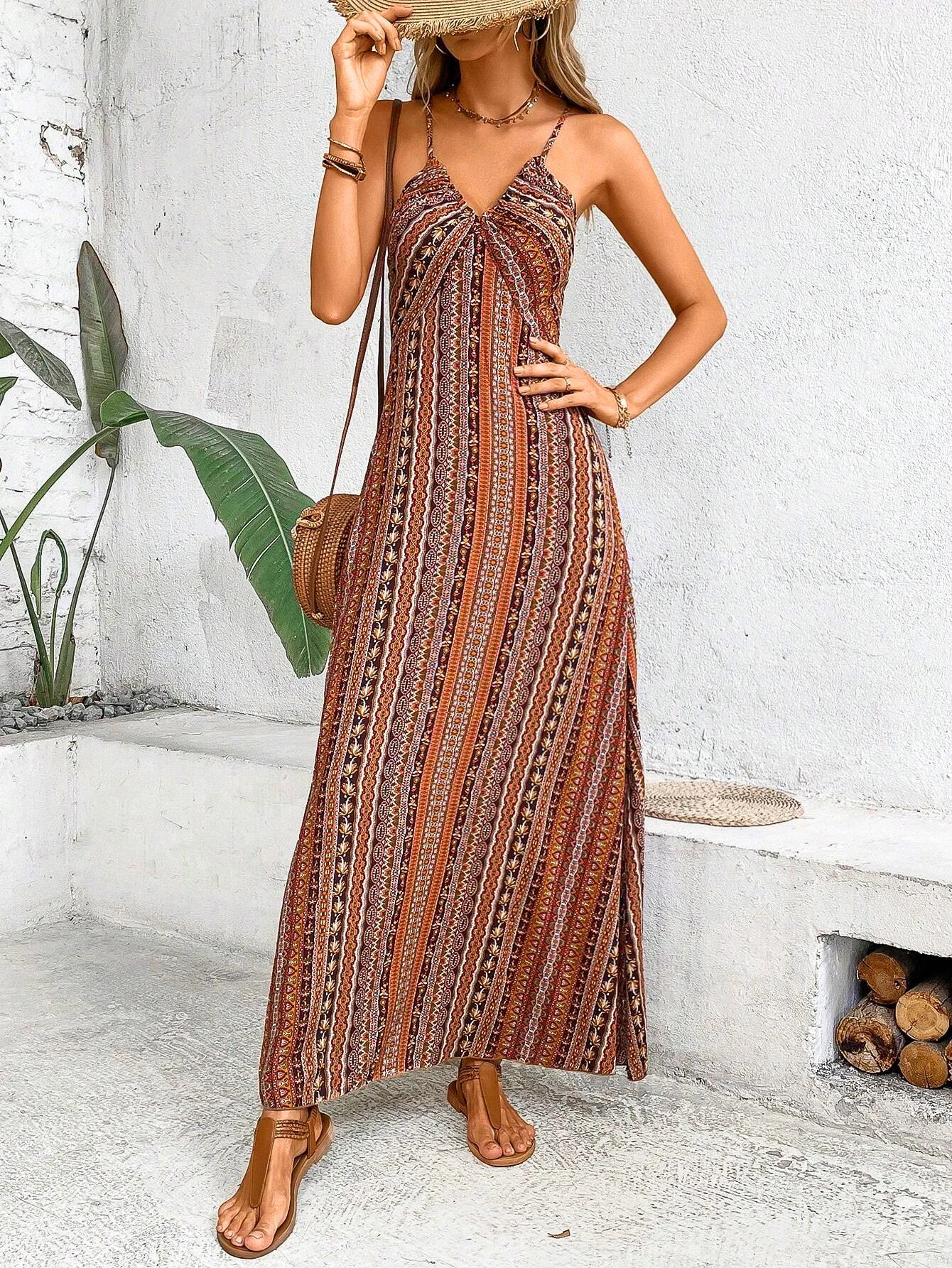 Boho Chic – Vestido Longo Feminino Estampado com Alças Finas e Estilo Étnico