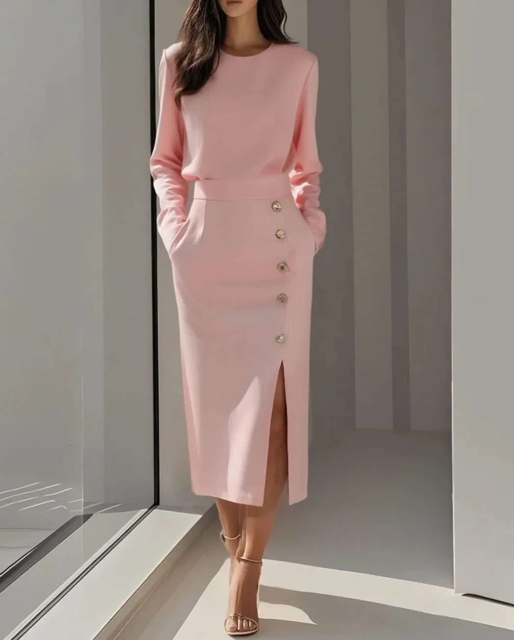 Blush Grace – Conjunto Feminino Rosa Pastel com Saia Midi Elegante e Detalhes Sofisticados