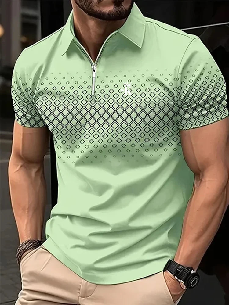 Olive Prime – Camisa Polo Masculina Verde com Estampa Geométrica e Zíper Moderno