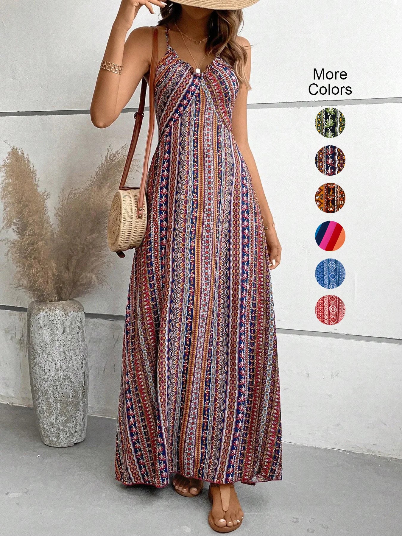 Boho Chic – Vestido Longo Feminino Estampado com Alças Finas e Estilo Étnico