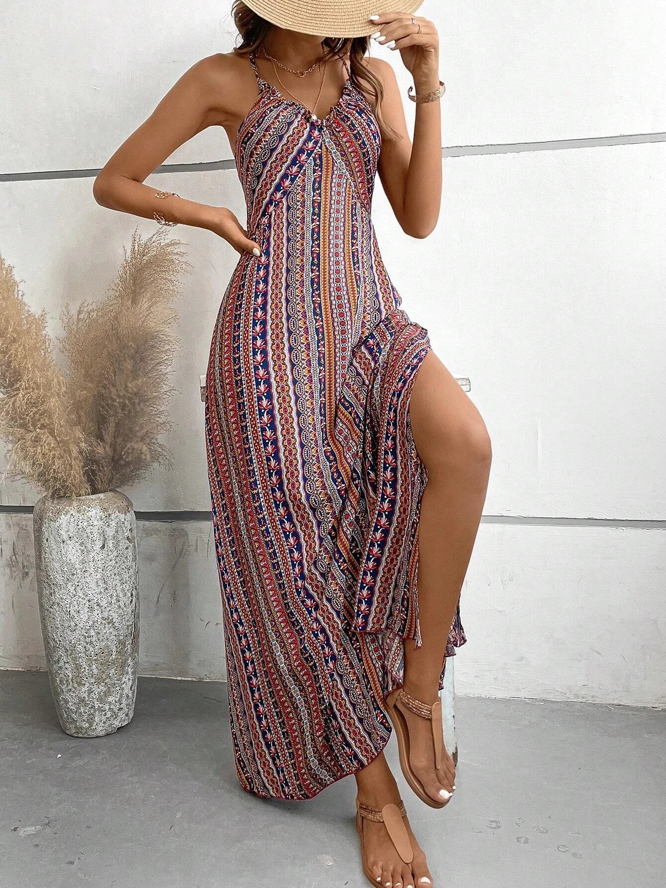 Boho Chic – Vestido Longo Feminino Estampado com Alças Finas e Estilo Étnico
