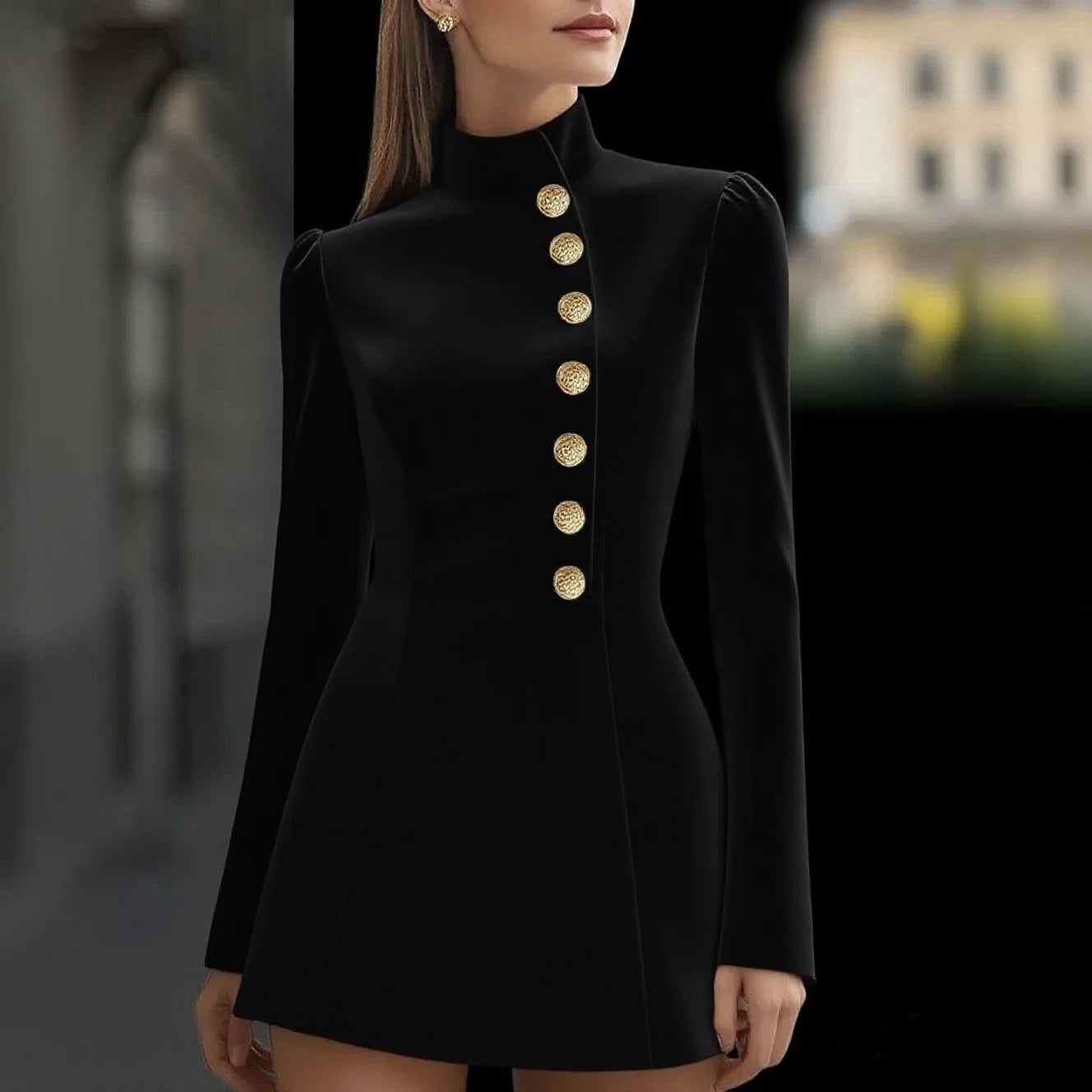 Ivory Royale – Vestido Curto Feminino Branco com Botões Dourados e Corte Sofisticado