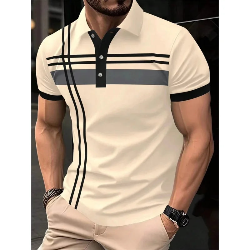Urban Lapel – Camisa Polo Masculina 3D Listrada com Estilo Casual Moderno
