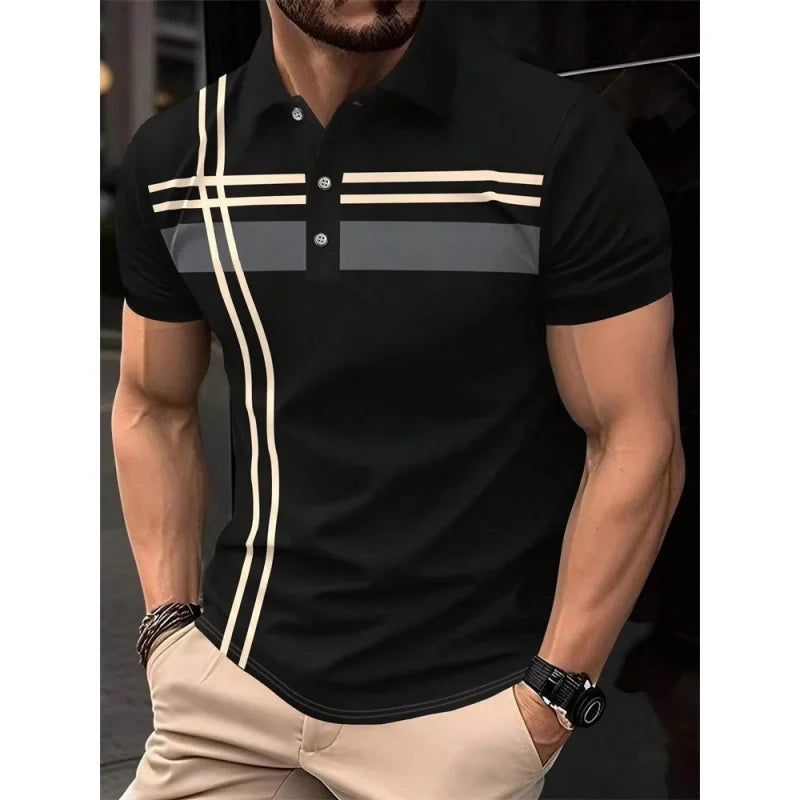 Urban Lapel – Camisa Polo Masculina 3D Listrada com Estilo Casual Moderno