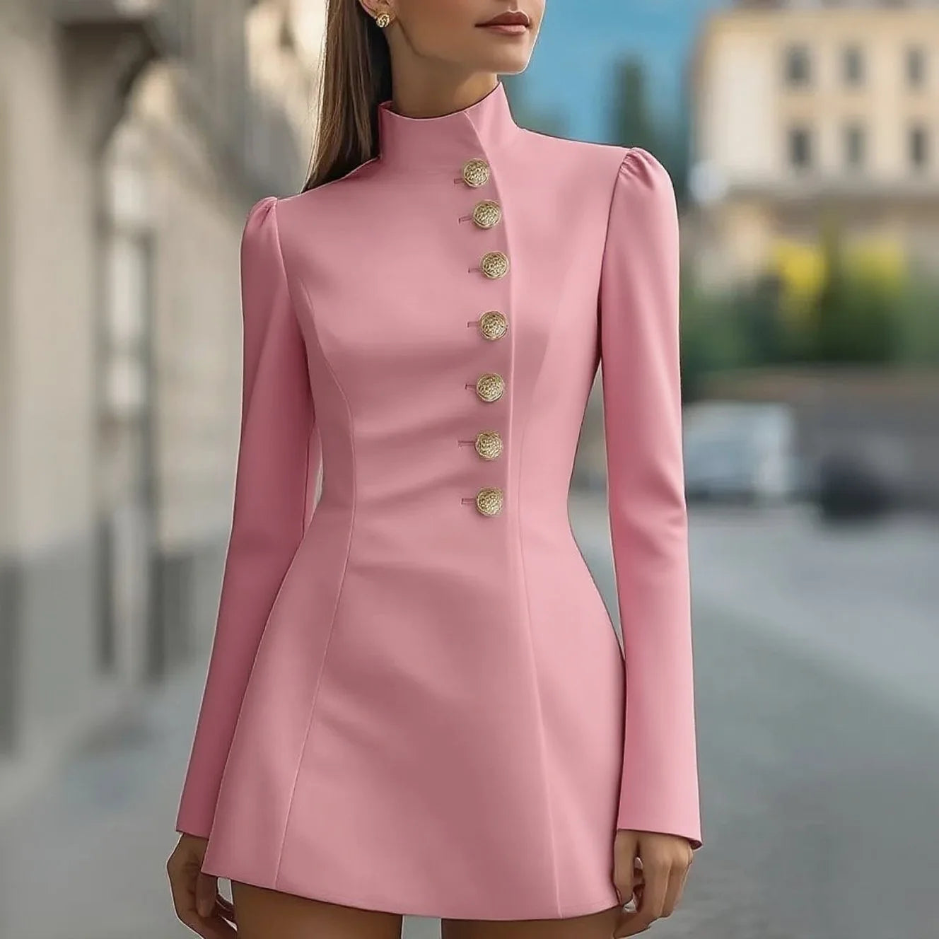 Ivory Royale – Vestido Curto Feminino Branco com Botões Dourados e Corte Sofisticado