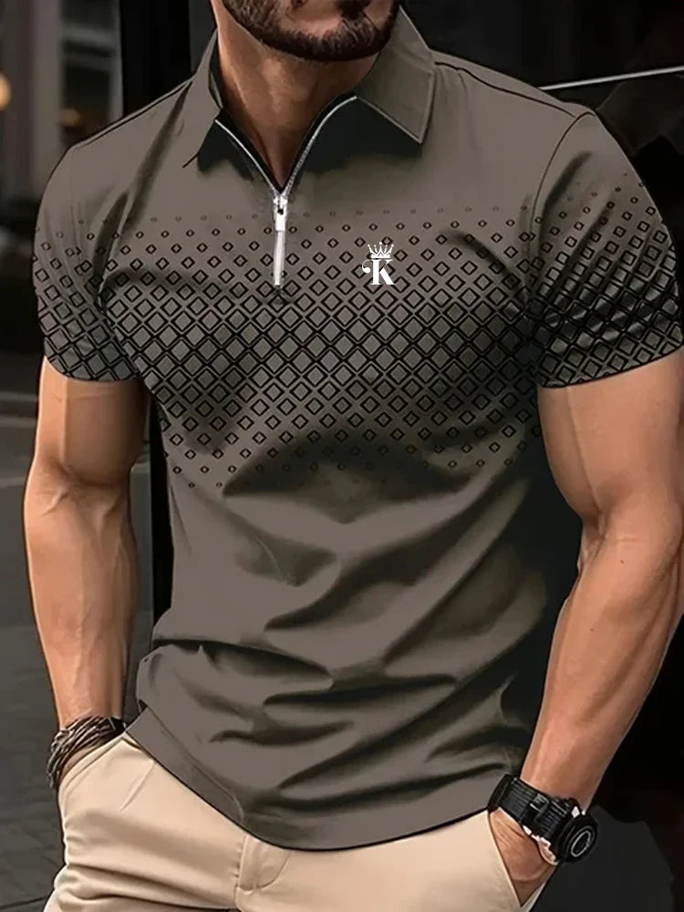 Olive Prime – Camisa Polo Masculina Verde com Estampa Geométrica e Zíper Moderno