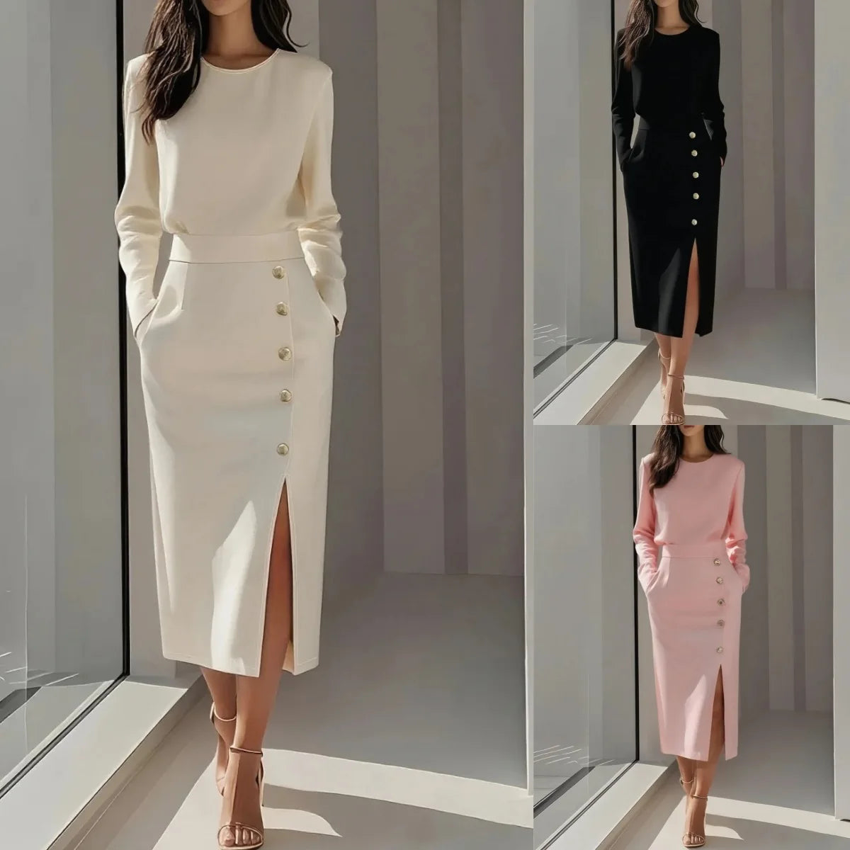 Blush Grace – Conjunto Feminino Rosa Pastel com Saia Midi Elegante e Detalhes Sofisticados