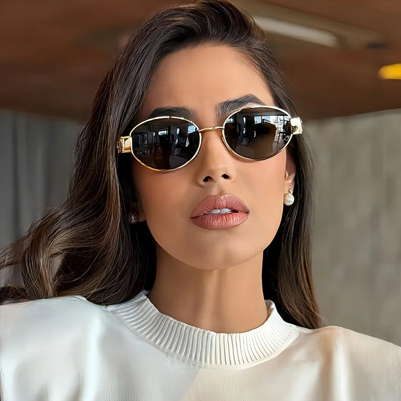 Essenza Vision – Óculos de Sol Feminino Oval Retrô com Lente Escura e Armação Metálica