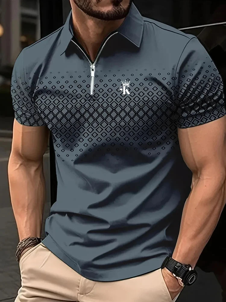Olive Prime – Camisa Polo Masculina Verde com Estampa Geométrica e Zíper Moderno