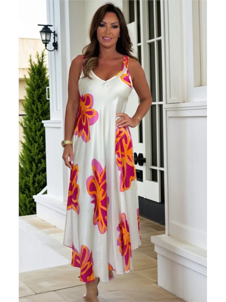 Tropical Bloom – Vestido Longo Feminino Branco com Estampa Floral Vibrante e Estilo Resort Chic