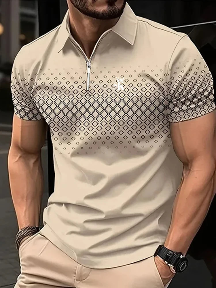 Olive Prime – Camisa Polo Masculina Verde com Estampa Geométrica e Zíper Moderno