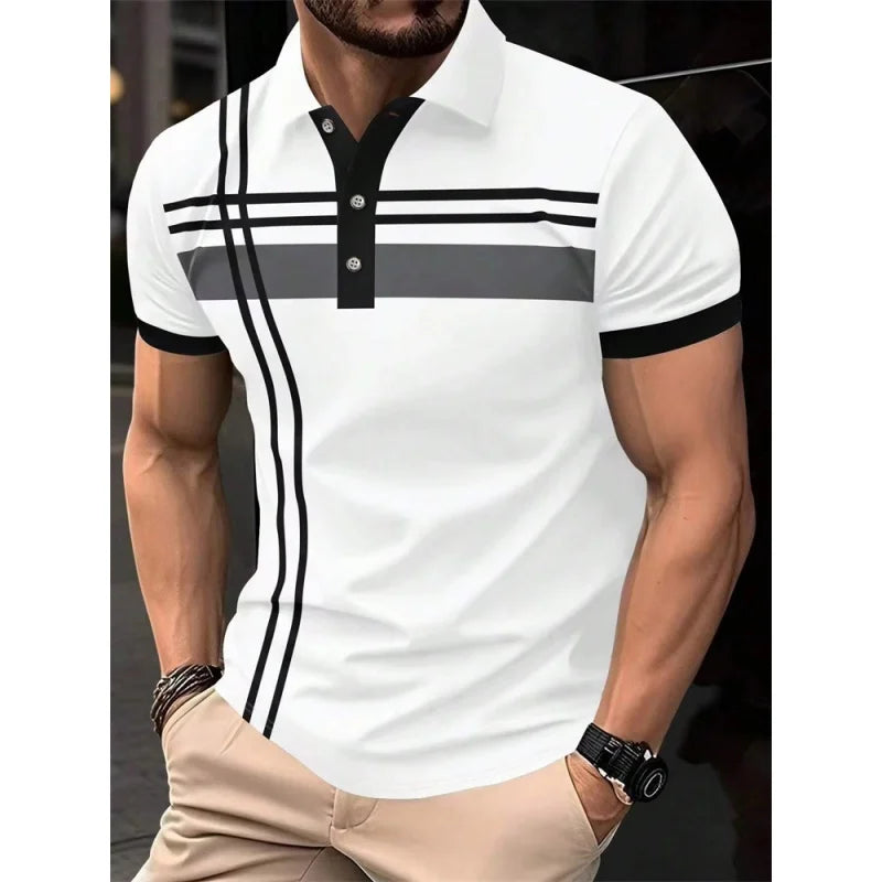 Urban Lapel – Camisa Polo Masculina 3D Listrada com Estilo Casual Moderno