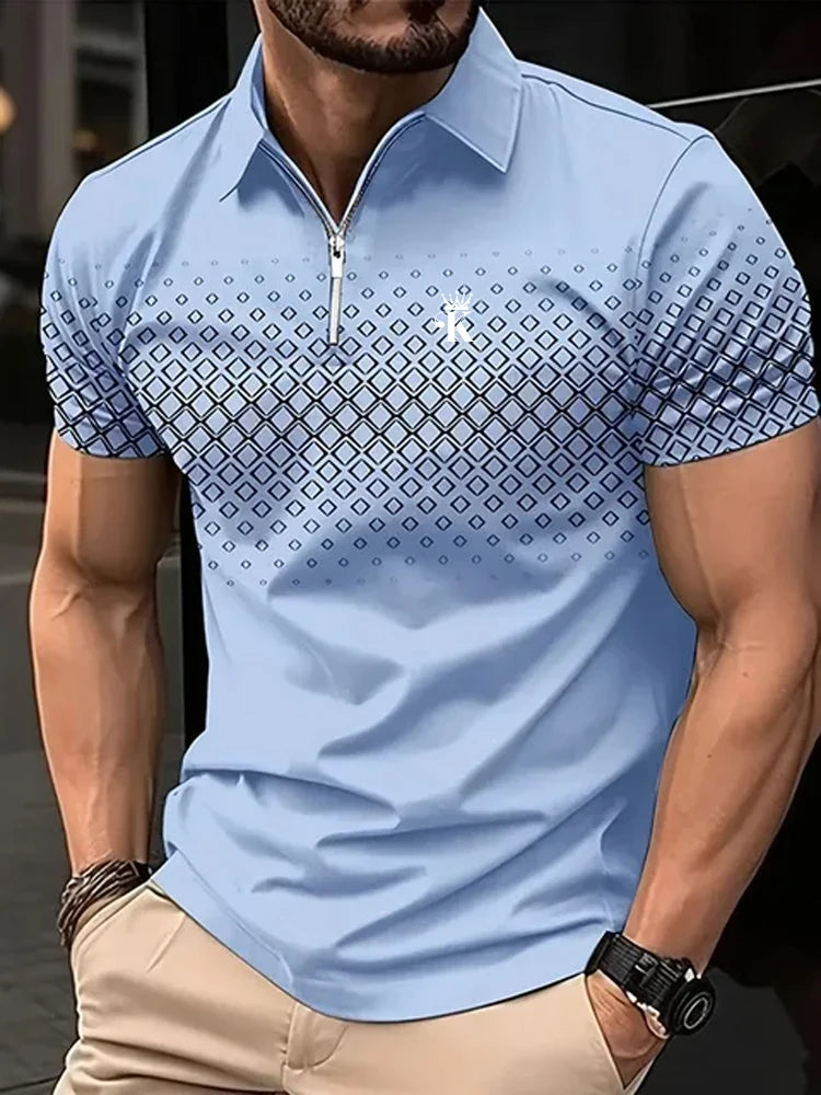 Olive Prime – Camisa Polo Masculina Verde com Estampa Geométrica e Zíper Moderno